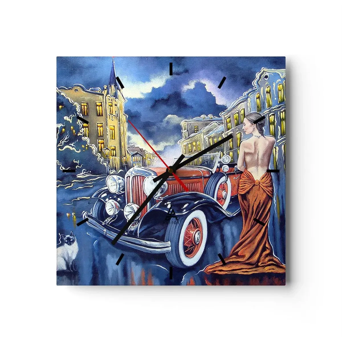 Orologio da parete - Orologio in Vetro - Una donna in un abito elegante accanto a un'auto d'epoca di notte - 30x30cm - Notturno in blu e coralli - Decorazione murale moderna per soggiorno e camera da letto ARTTOR