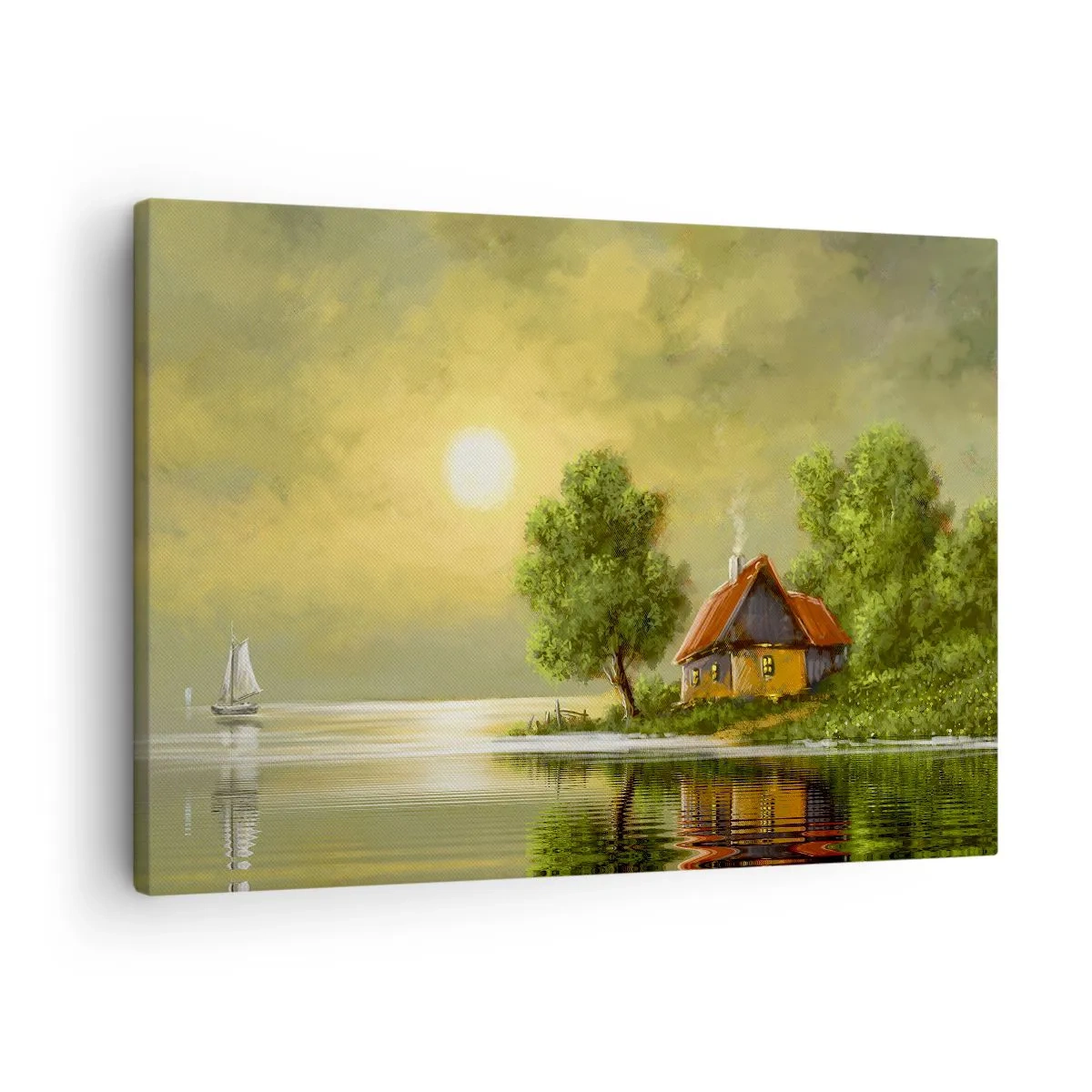 Quadro su tela - Stampe su Tela - Casa sul lago alla luce del tramonto - 70x50cm - Bello come un quadro - Decorazione murale moderna per soggiorno e camera da letto ARTTOR