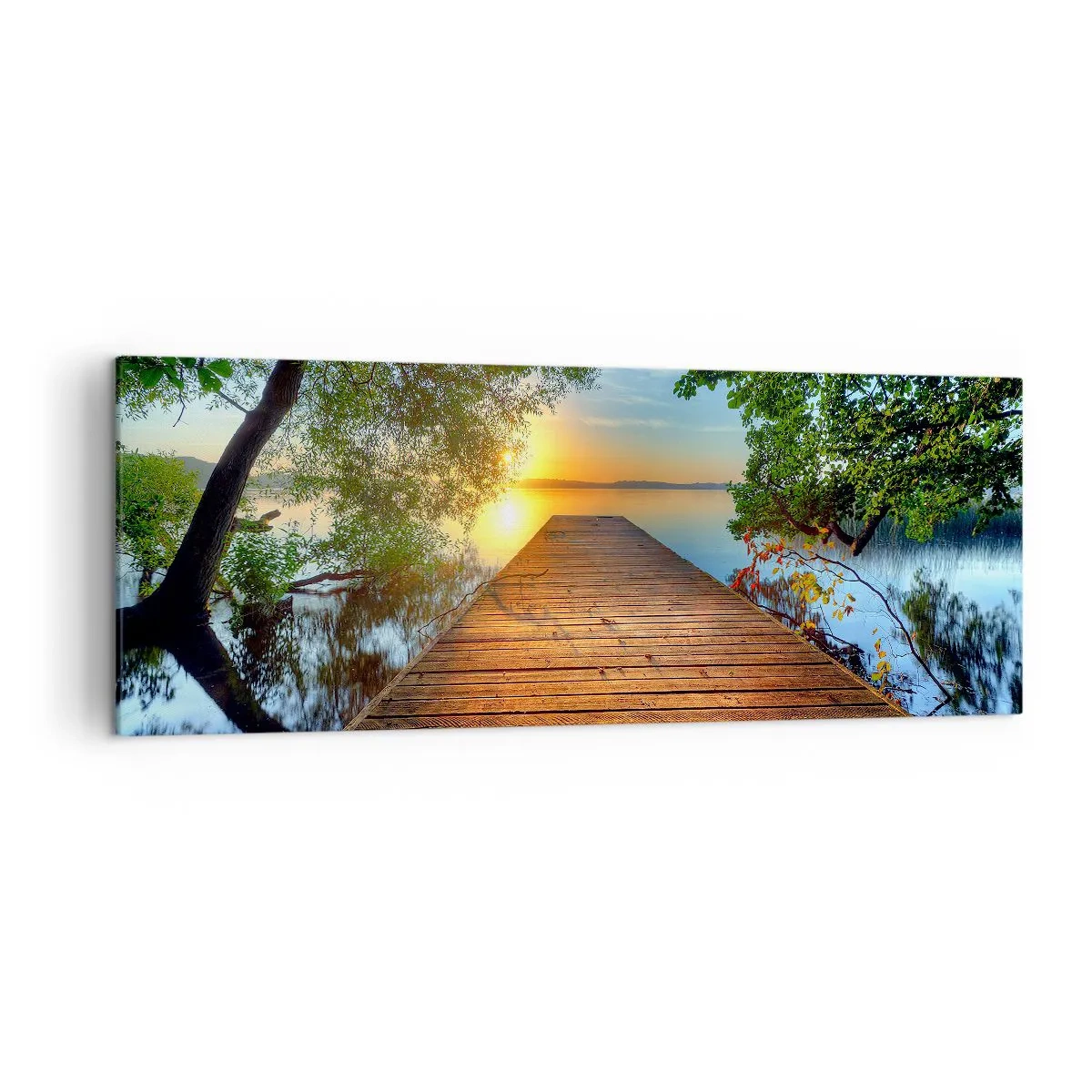 Quadro su tela - Stampe su Tela - Un molo di legno circondato dal verde durante il tramonto - 140x50cm - Non avere fretta, siediti - Decorazione murale moderna per soggiorno e camera da letto ARTTOR
