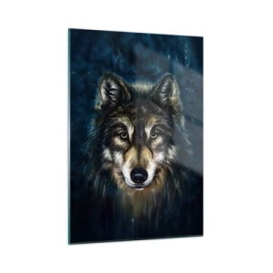 Quadro su vetro - Un lupo su uno sfondo scuro, come una foresta, in stile realistico. - 50x70cm - Alfa? E omega - Decorazione murale moderna per soggiorno e camera da letto ARTTOR