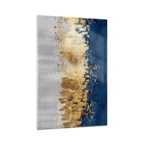 Quadro su vetro - Una composizione astratta nei toni dell'oro e del blu navy. - 70x100cm - Composizione moderna con bagliore - Decorazione murale moderna per soggiorno e camera da letto ARTTOR
