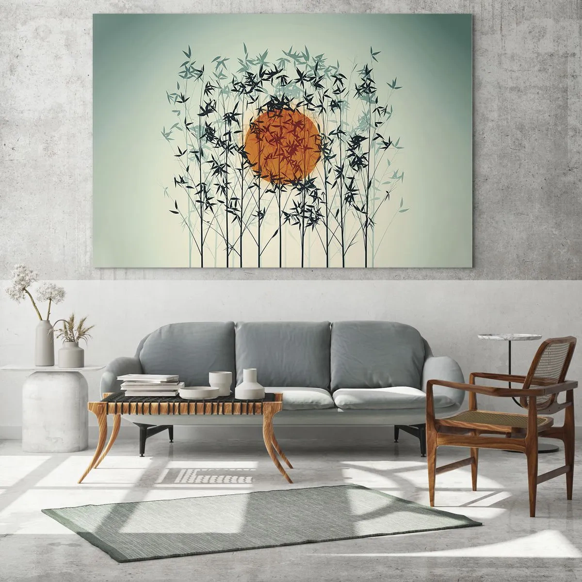 Quadro su vetro - Sole rosso tra delicate foglie di bambù - 70x50cm - Sole giapponese - Decorazione murale moderna per soggiorno e camera da letto ARTTOR