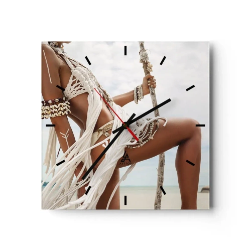 Orologio da parete - Orologio in Vetro - Figura femminile con ornamenti e abiti etnici sullo sfondo di un paesaggio tropicale. - 30x30cm - La sacerdotessa del sole - Decorazione murale moderna per soggiorno e camera da letto ARTTOR