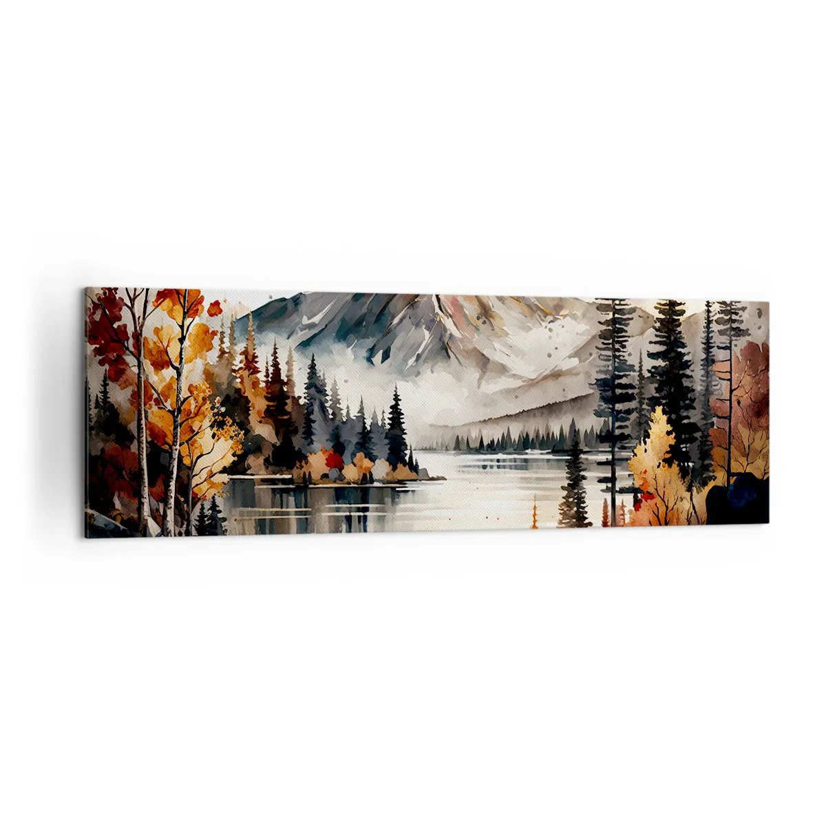 Quadro su tela - Stampe su Tela - Paesaggio montano autunnale con lago e alberi in acquerello - 160x50cm - L'autunno dorato sui monti - Decorazione murale moderna per soggiorno e camera da letto ARTTOR