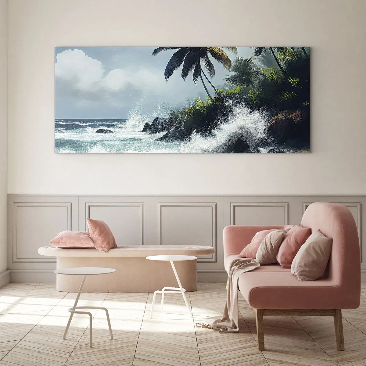 Quadro su vetro - Costa tropicale con palme e mare agitato - 140x50cm - Sulla riva tropicale - Decorazione murale moderna per soggiorno e camera da letto ARTTOR