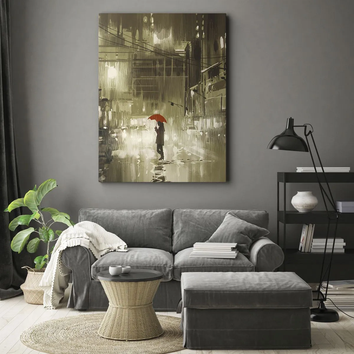 Quadro su tela - Stampe su Tela - Una figura con un ombrello rosso in una città piovosa - 70x100cm - Sola ma non solitaria - Decorazione murale moderna per soggiorno e camera da letto ARTTOR