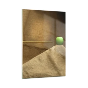Quadro su vetro - Una mela verde su sfondo beige con una freccia che la trafigge. - 50x70cm - Evocare lo spirito di Guglielmo Tell - Decorazione murale moderna per soggiorno e camera da letto ARTTOR
