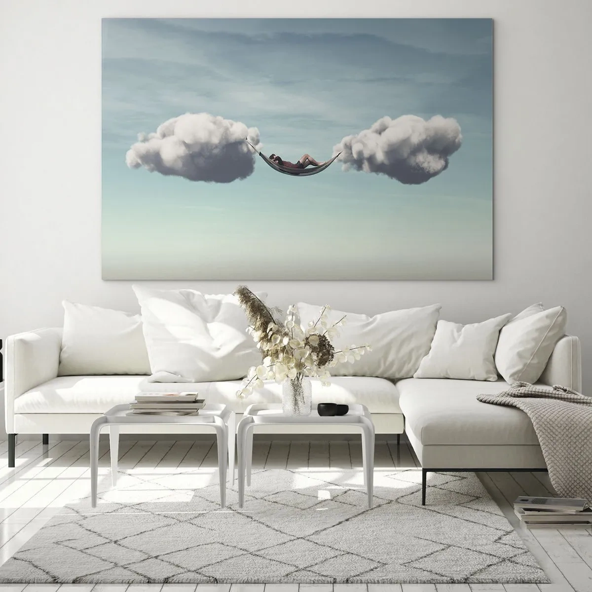 Quadro su vetro - Amache di nuvole in un cielo azzurro - 100x70cm - La felicità del momento - Decorazione murale moderna per soggiorno e camera da letto ARTTOR