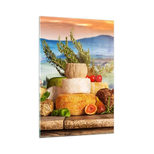 Quadro su vetro - Una composizione di formaggi e frutta sullo sfondo del paesaggio toscano - 80x120cm - La gioia italiana della vita - Decorazione murale moderna per soggiorno e camera da letto ARTTOR