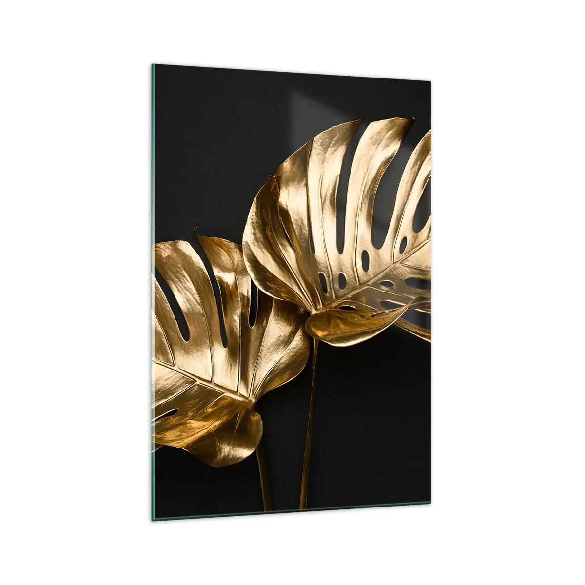 Quadro su vetro - Foglie di monstera dorate su sfondo nero - 70x100cm - I tesori della natura - Decorazione murale moderna per soggiorno e camera da letto ARTTOR