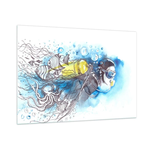 Quadro su vetro - Subacqueo sott'acqua con pesci in acquerello artistico - 100x70cm - Il grande blu - Decorazione murale moderna per soggiorno e camera da letto ARTTOR