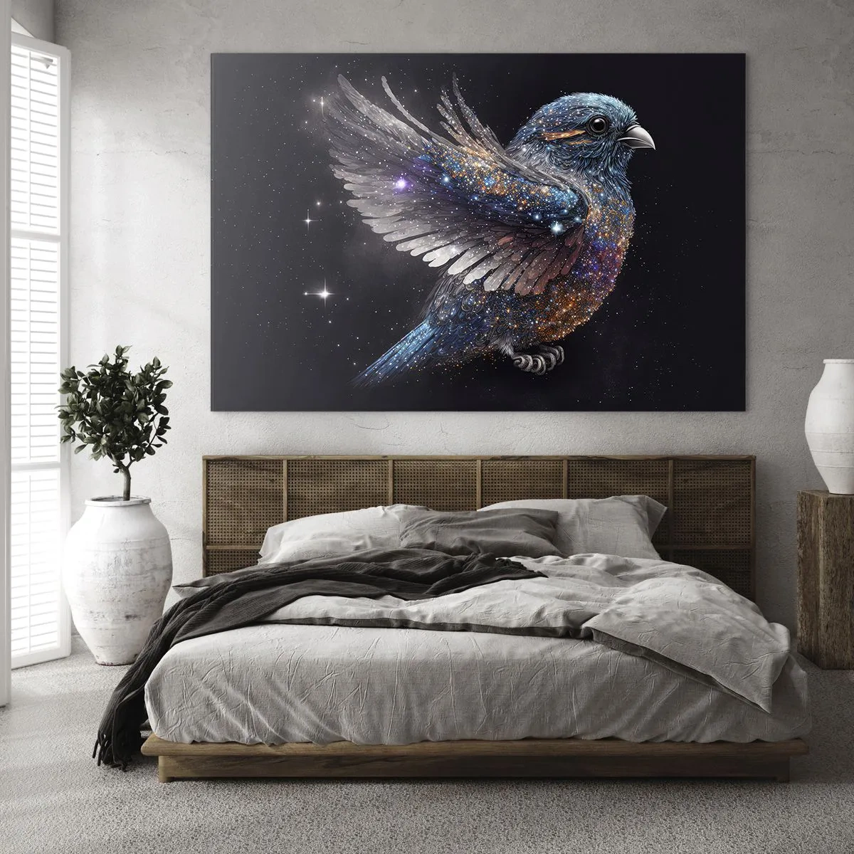 Quadro su vetro - Passerotto spaziale con brillantini diamantati - 70x50cm - Passero di diamante - Decorazione murale moderna per soggiorno e camera da letto ARTTOR