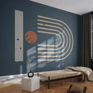 Fotomurali Premium Sand - Motivo geometrico retrò su sfondo blu scuro - 100x70cm - Geometria in blu - Decorazione murale moderna per soggiorno e camera da letto ARTTOR