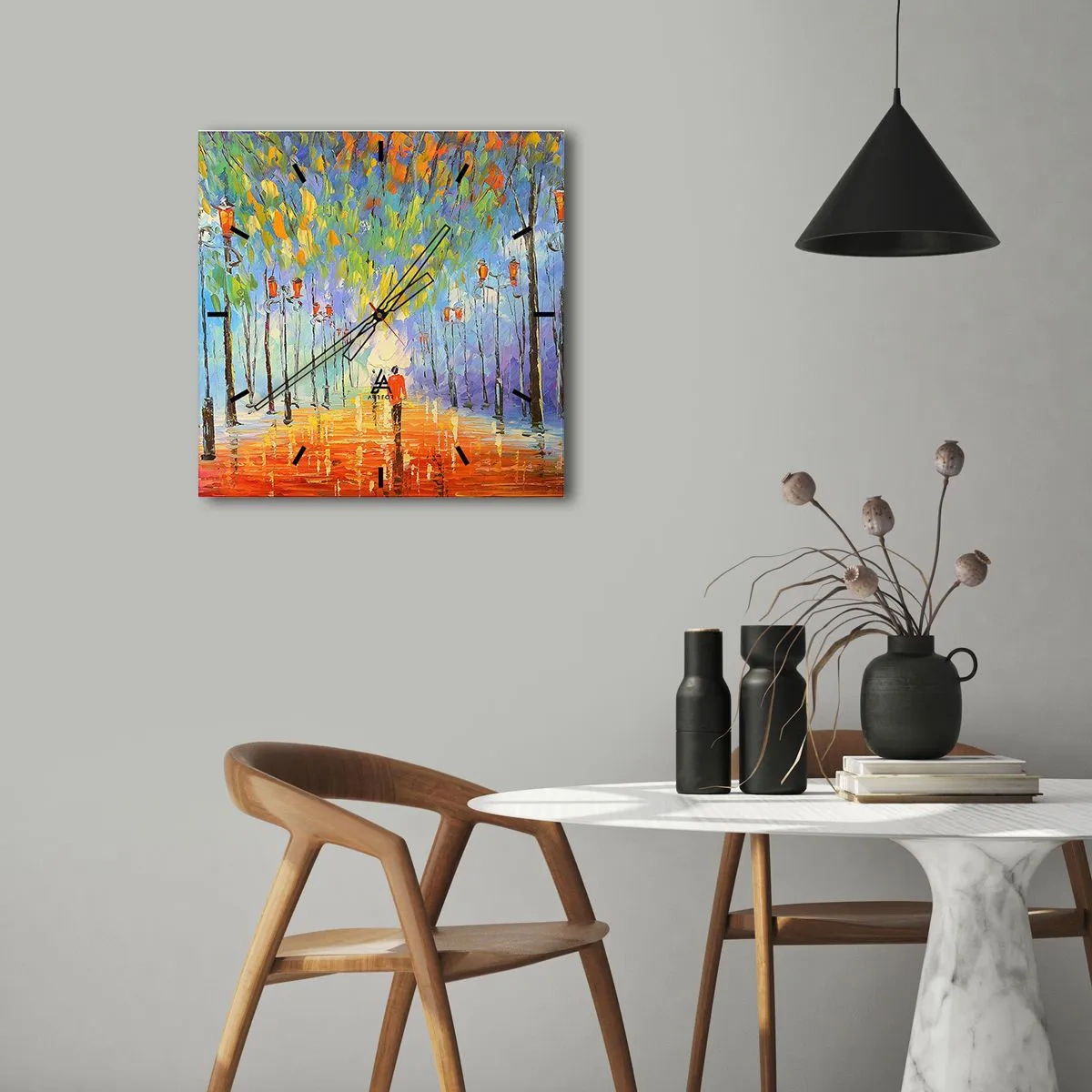 Orologio da parete - Orologio in Vetro - Una pittoresca passeggiata tra le lanterne in una notte piovosa - 30x30cm - Canzone notturna sotto la pioggia - Decorazione murale moderna per soggiorno e camera da letto ARTTOR