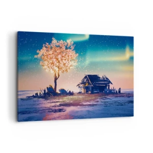 Quadro su tela - Stampe su Tela - Una casa e un albero in fiore sotto il cielo notturno - 120x80cm - La natura non passa - Decorazione murale moderna per soggiorno e camera da letto ARTTOR