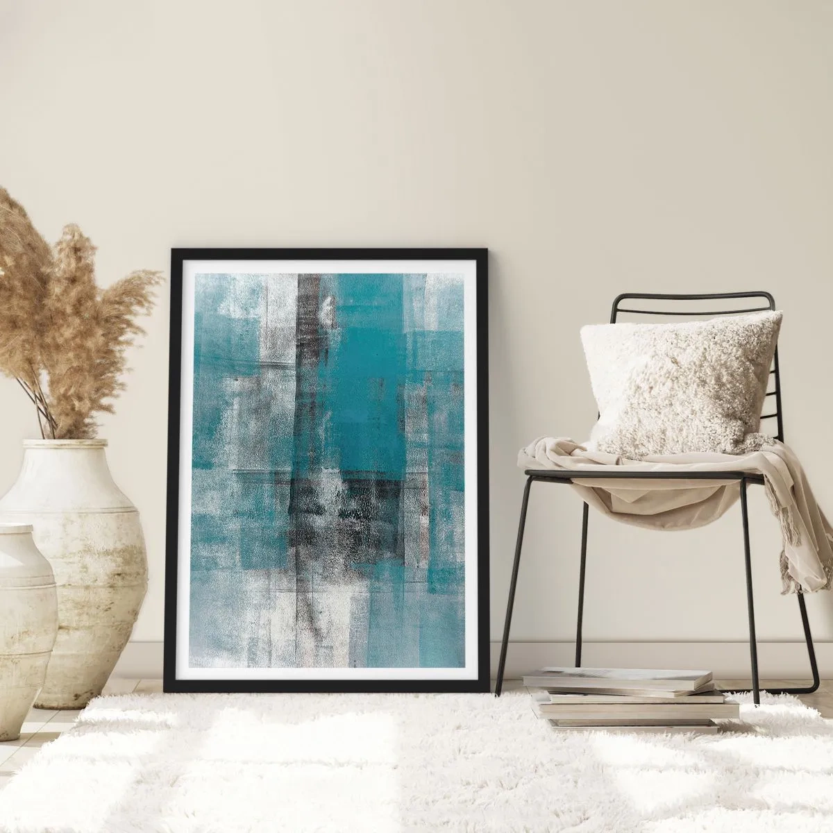 Poster in cornice nera - Composizione astratta nei toni del blu e del grigio - 50x70cm - Acqua e aria - Decorazione murale moderna per soggiorno e camera da letto ARTTOR