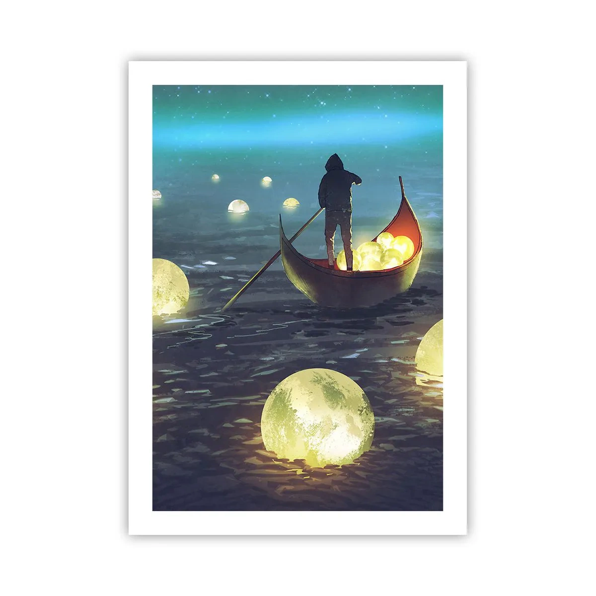 Poster - Una figura su una barca circondata da sfere luminose sull'acqua - 50x70cm - Cose che neanche i filosofi hanno sognato - Decorazione murale moderna per soggiorno e camera da letto ARTTOR