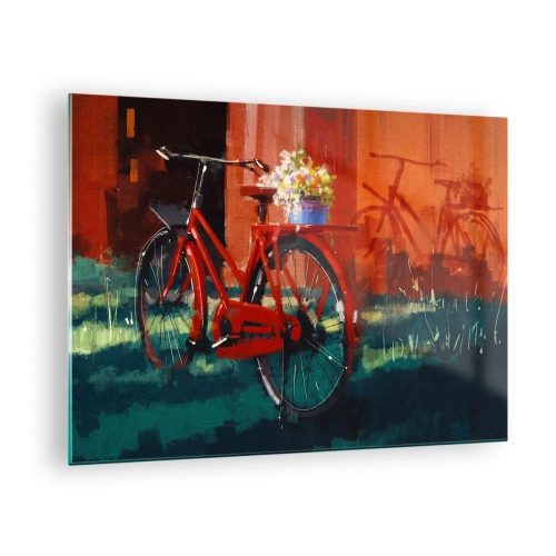 Quadro su vetro - Una bicicletta rossa con fiori davanti a un edificio rosso - 70x50cm - I want to ride my bicycle - Decorazione murale moderna per soggiorno e camera da letto ARTTOR