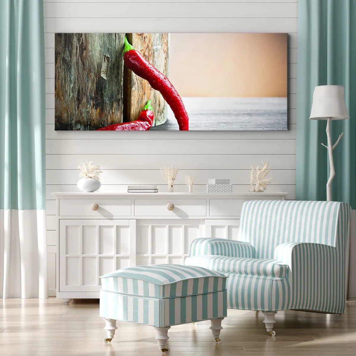 Quadro su tela - Stampe su Tela - Due peperoncini rossi su uno sfondo di legno con un accento rustico - 120x50cm - Red hot chili peppers - Decorazione murale moderna per soggiorno e camera da letto ARTTOR