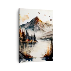 Quadro su tela - Stampe su Tela - Paesaggio montano autunnale con lago e alberi in acquerello - 70x100cm - L'autunno dorato sui monti - Decorazione murale moderna per soggiorno e camera da letto ARTTOR