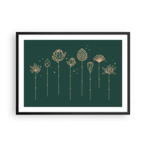 Poster in cornice nera - Disegni dorati di erbe su sfondo verde scuro - 70x50cm - La famiglia delle erbe - Decorazione murale moderna per soggiorno e camera da letto ARTTOR