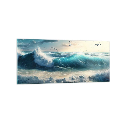 Quadro su vetro - Onde del mare sulla spiaggia sotto un cielo azzurro con gabbiani - 120x50cm - Mormora solo per te - Decorazione murale moderna per soggiorno e camera da letto ARTTOR