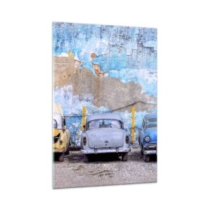 Quadro su vetro - Auto d'epoca sullo sfondo di un muro in rovina - 50x70cm - L'incontro dei veterani - Decorazione murale moderna per soggiorno e camera da letto ARTTOR