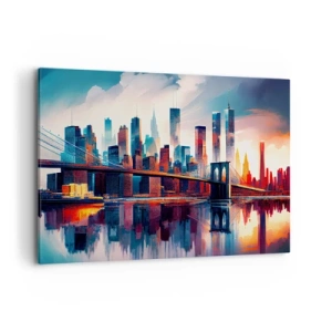 Quadro su tela - Stampe su Tela - Panorama di New York City con ponte e riflesso nell'acqua - 100x70cm - Una New York spettacolare - Decorazione murale moderna per soggiorno e camera da letto ARTTOR