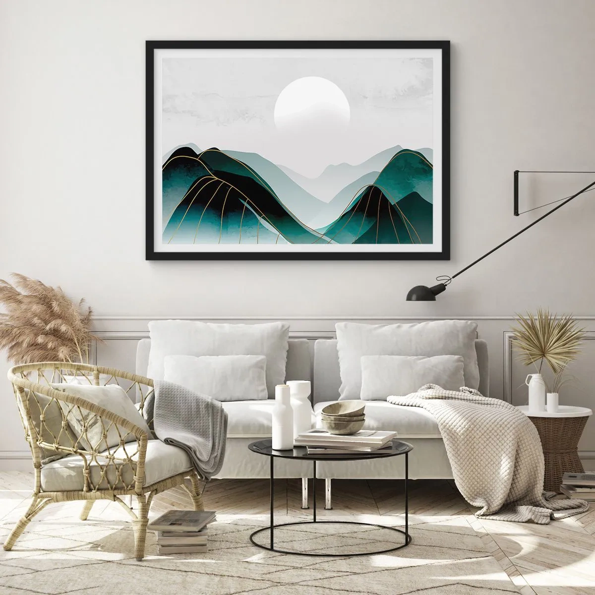 Poster in cornice nera - Paesaggio montano astratto con la luna e linee dorate - 100x70cm - In tutta la maestà - Decorazione murale moderna per soggiorno e camera da letto ARTTOR