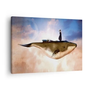 Quadro su tela - Stampe su Tela - Una scena fantastica di una donna su una balena tra le nuvole - 70x50cm - Viaggio surreale - Decorazione murale moderna per soggiorno e camera da letto ARTTOR