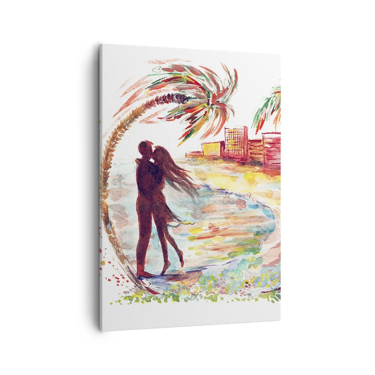 Quadro su tela - Stampe su Tela - Scena romantica di coppia su una spiaggia con palme in acquerello - 50x70cm - Vacanze romantiche - Decorazione murale moderna per soggiorno e camera da letto ARTTOR