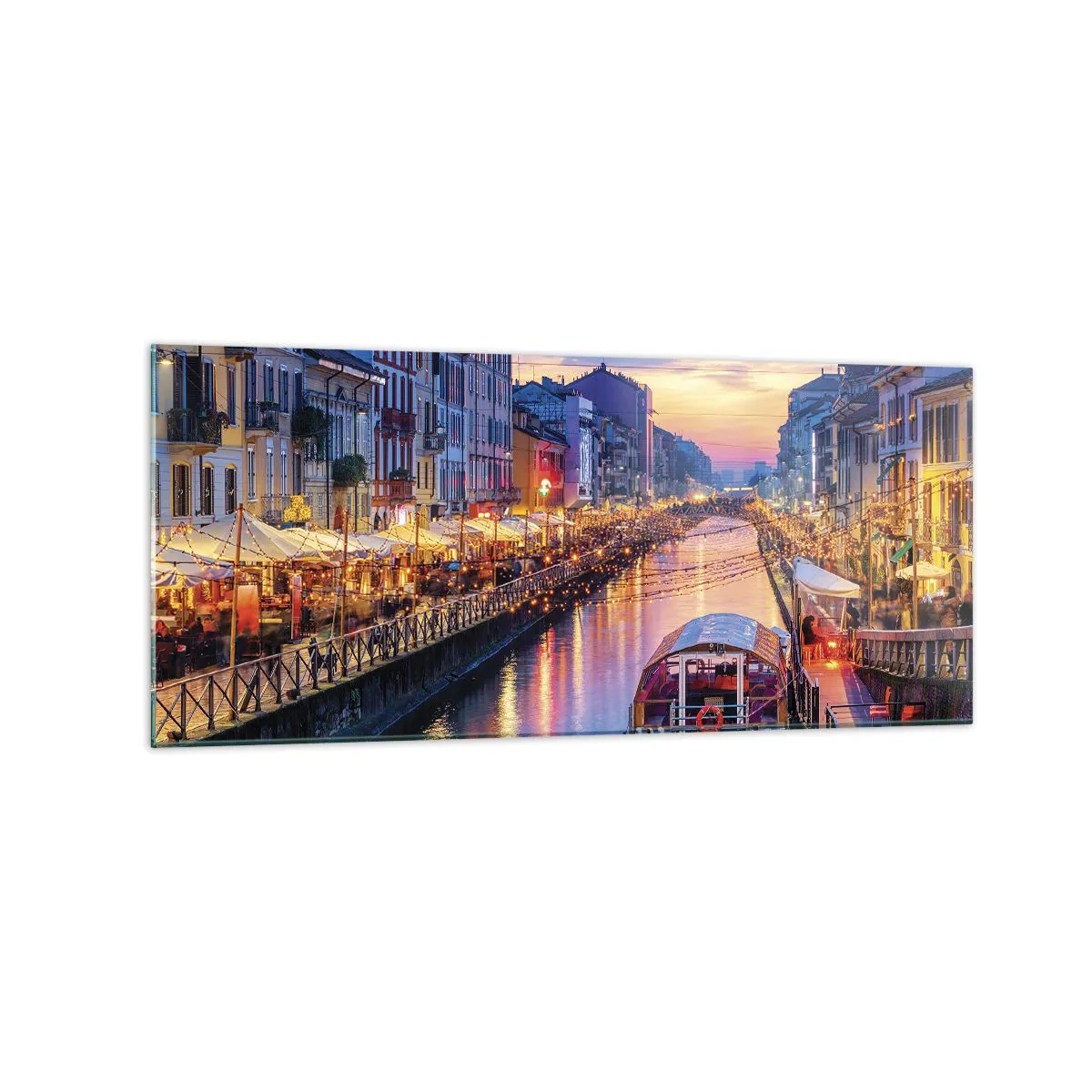 Quadro su vetro - Un canale illuminato circondato da edifici colorati - 120x50cm - Sera di luce e di divertimento - Decorazione murale moderna per soggiorno e camera da letto ARTTOR