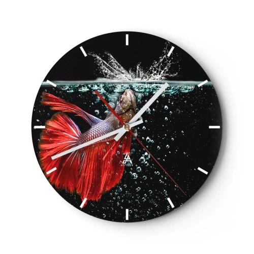Orologio da parete - Orologio in Vetro - Un pesce rosso in uno scatto dinamico con acqua e bolle - 30x30cm - Hai tre desideri - Decorazione murale moderna per soggiorno, cucina e camera da letto ARTTOR