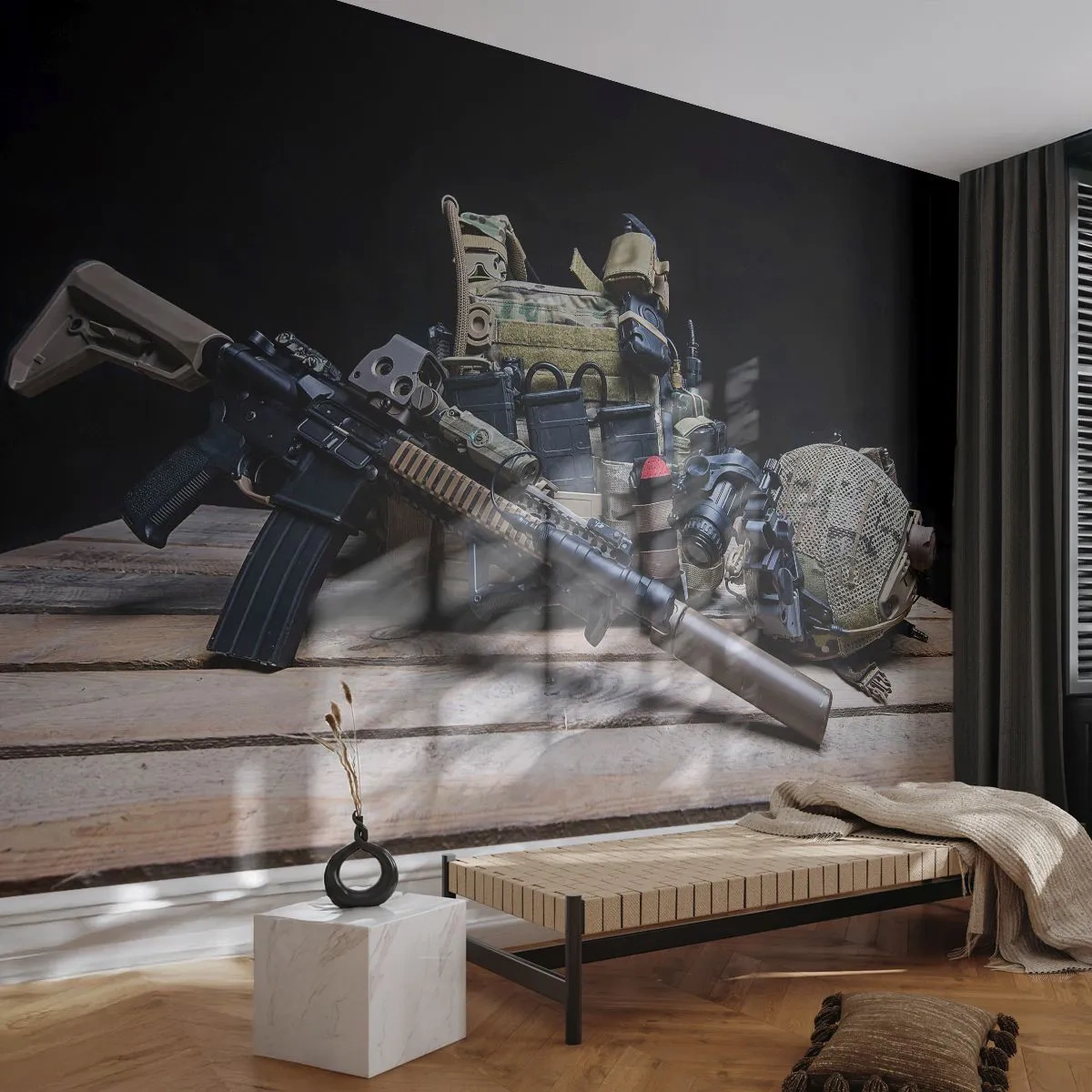 Fotomurali Premium Canvas - Attrezzatura tattica con un fucile su un tavolo di legno - 100x70cm - Riposo! - Decorazione murale moderna per soggiorno e camera da letto ARTTOR