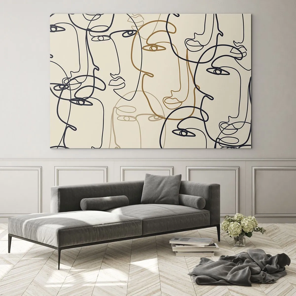Quadro su vetro - Volti contornati disegnati con un solo tratto su beige - 120x80cm - Ritratto multiplo - Decorazione murale moderna per soggiorno e camera da letto ARTTOR
