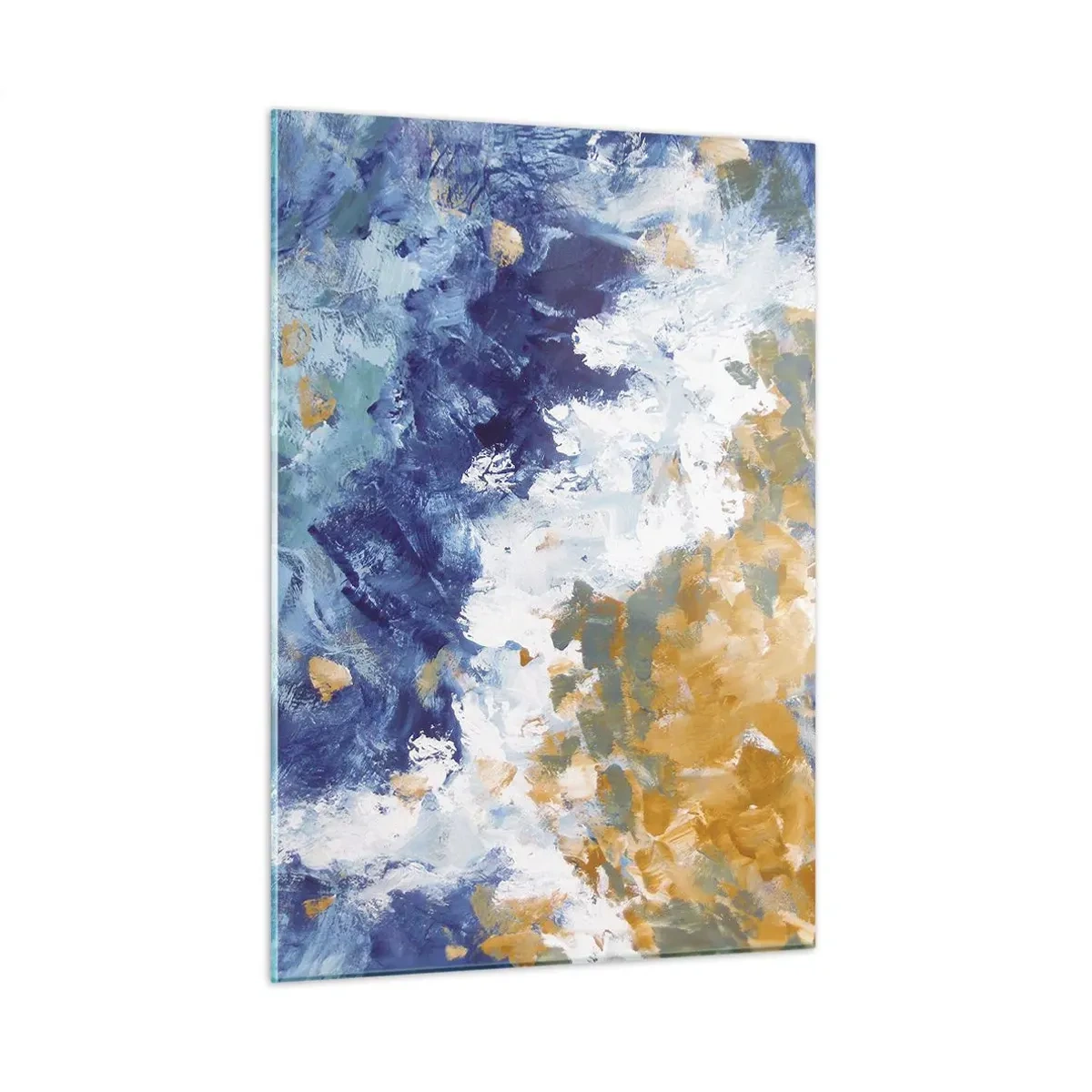 Quadro su vetro - Pennellate astratte in blu, bianco e oro - 50x70cm - La danza degli elementi - Decorazione murale moderna per soggiorno e camera da letto ARTTOR
