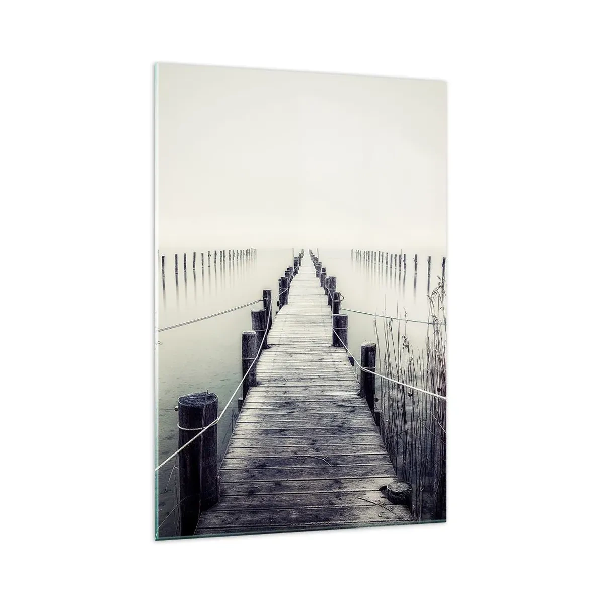 Quadro su vetro - Un ponte di legno che conduce in uno spazio nebbioso - 70x100cm - Immergiti nella pace - Decorazione murale moderna per soggiorno e camera da letto ARTTOR