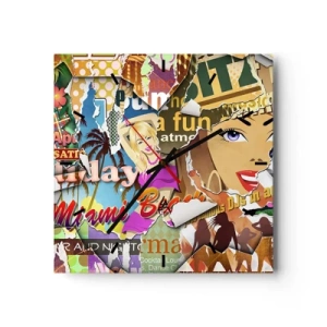 Orologio da parete - Orologio in Vetro - Un collage colorato con elementi retrò e pop art. - 30x30cm - Retrospettiva di vacanza - Decorazione murale moderna per soggiorno e camera da letto ARTTOR