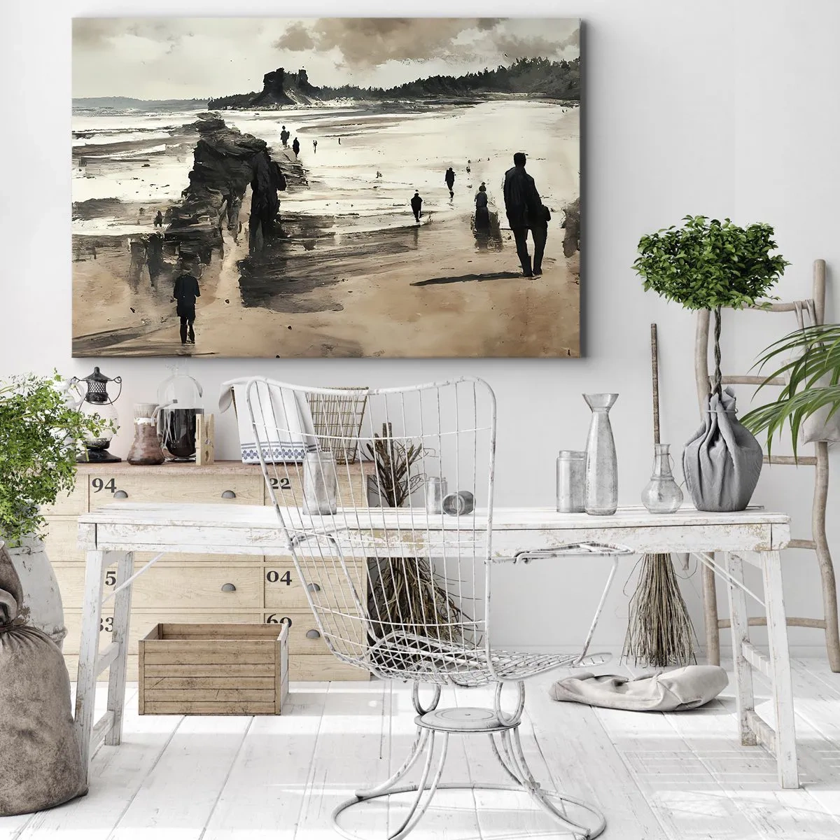 Quadro su tela - Stampe su Tela - Passeggiatori sulla spiaggia in un paesaggio tranquillo - 70x50cm - Convocati - Decorazione murale moderna per soggiorno e camera da letto ARTTOR