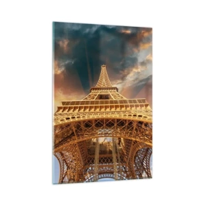 Quadro su vetro - La Torre Eiffel dal basso sullo sfondo del sole al tramonto - 80x120cm - Come gli uomini hanno raggiunto il cielo - Decorazione murale moderna per soggiorno e camera da letto ARTTOR