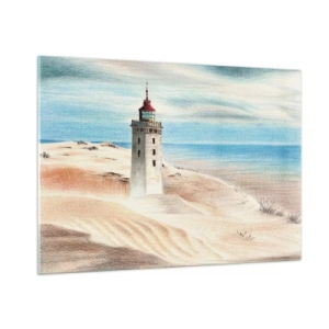 Quadro su vetro - Un faro su una duna del deserto vicino a un mare calmo - 100x70cm - Sempre guardando il mare - Decorazione murale moderna per soggiorno e camera da letto ARTTOR