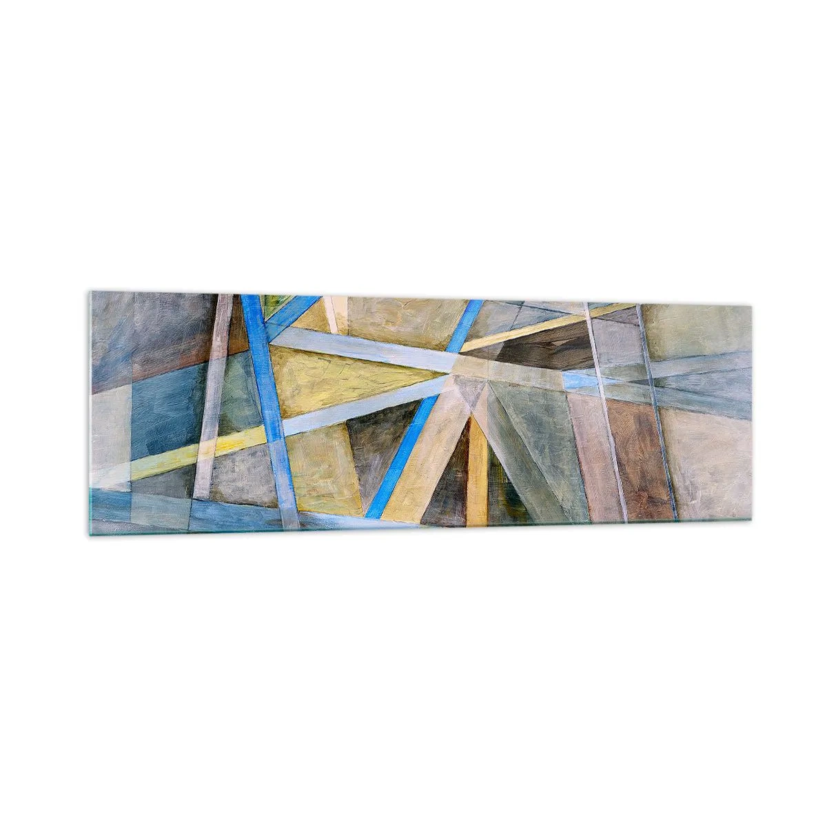 Quadro su vetro - Composizione geometrica con linee chiare e blu - 160x50cm - Dritto o obliquo? - Decorazione murale moderna per soggiorno e camera da letto ARTTOR