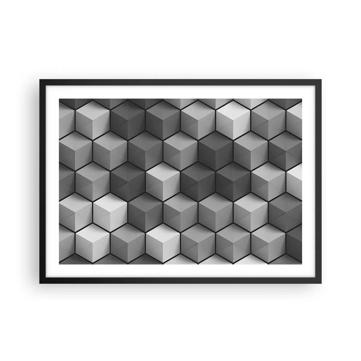 Poster in cornice nera - Composizione geometrica di cubi nelle tonalità del grigio e del nero - 70x50cm - Puzzle cubista - Decorazione murale moderna per soggiorno e camera da letto ARTTOR