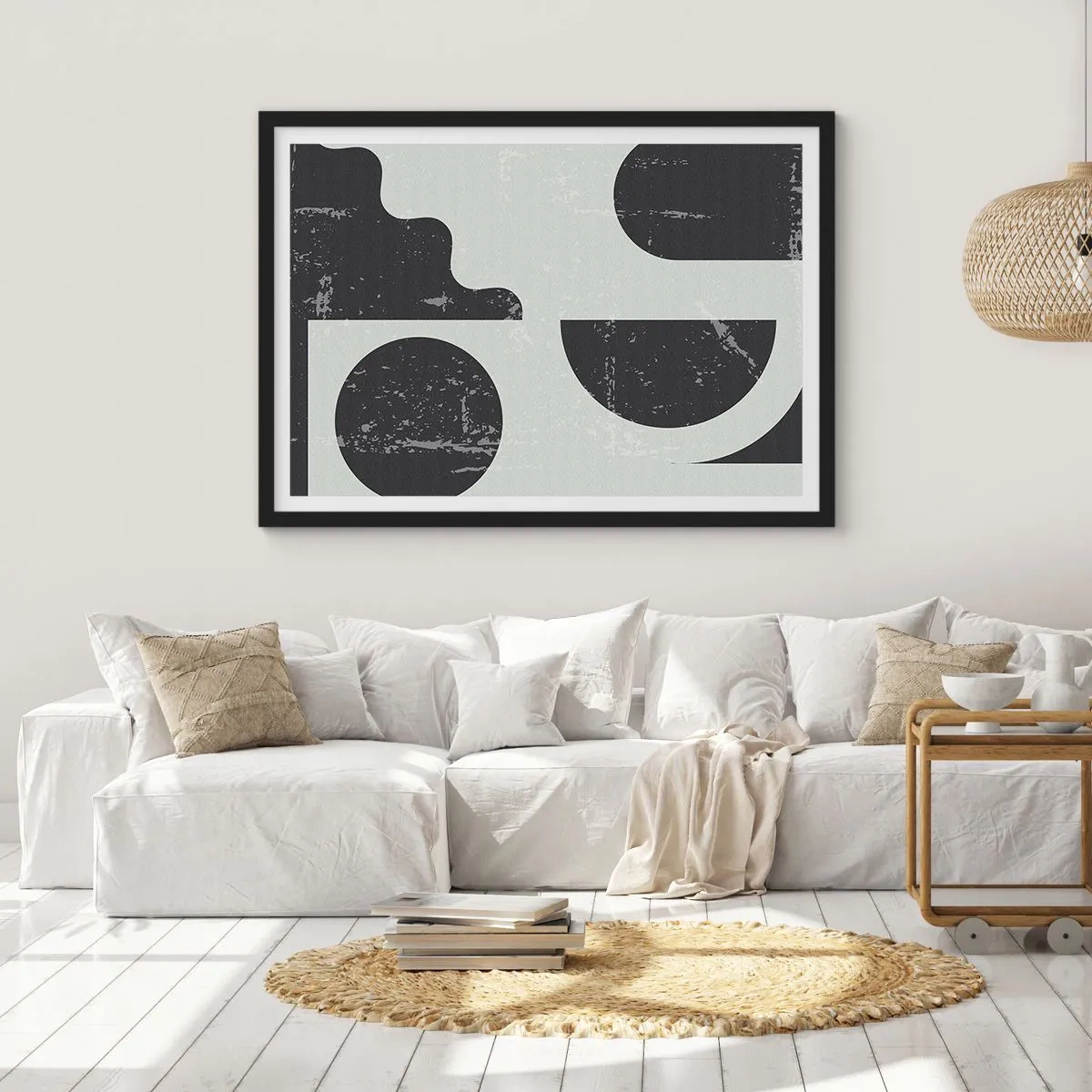 Poster in cornice nera - Motivi geometrici nelle tonalità del nero e del grigio - 70x50cm - Composizione sopra e sotto - Decorazione murale moderna per soggiorno e camera da letto ARTTOR