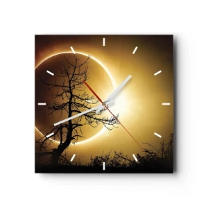 Orologio da parete - Orologio in Vetro - Eclissi solare con la sagoma di un albero in primo piano - 30x30cm - Eclissi totale - Decorazione murale moderna per soggiorno e camera da letto ARTTOR