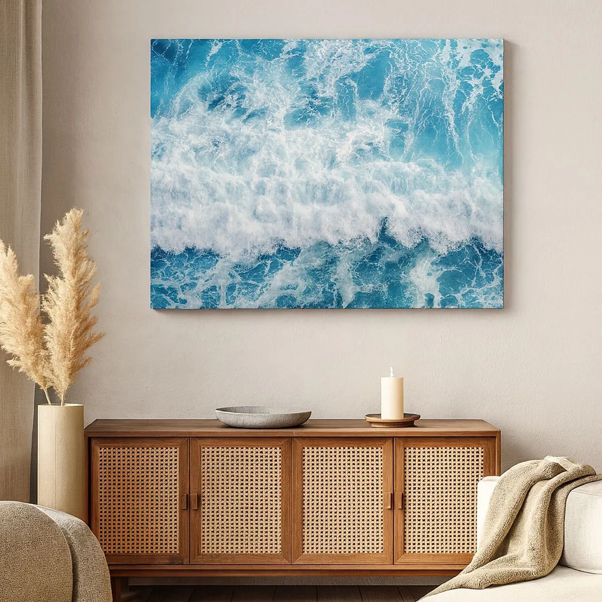 Quadro su tela - Stampe su Tela - Onde oceaniche dinamiche nelle tonalità del blu - 70x50cm - Con gioia e saltellando - Decorazione murale moderna per soggiorno e camera da letto ARTTOR