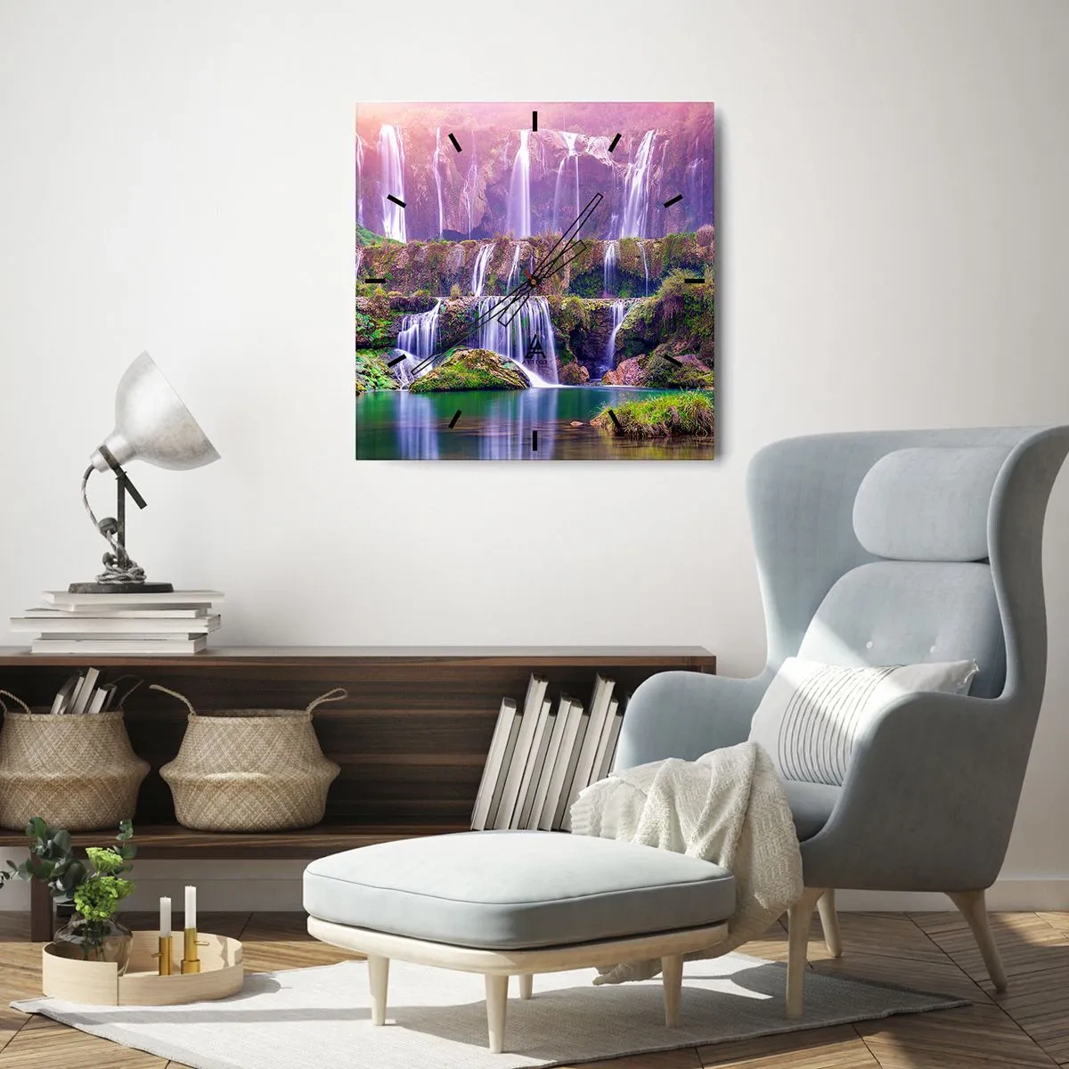 Orologio da parete - Orologio in Vetro - Cascate immerse nel verde con luci pastello - 30x30cm - La scala verso il cielo - Decorazione murale moderna per soggiorno e camera da letto ARTTOR