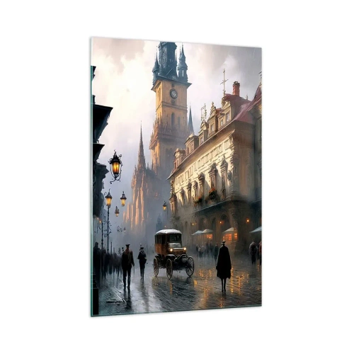 Quadro su vetro - Scena di strada serale con architettura storica - 70x100cm - Il fascino delle sere di Praga - Decorazione murale moderna per soggiorno e camera da letto ARTTOR