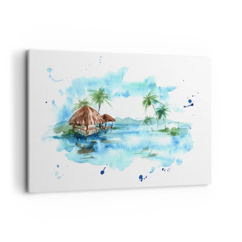 Quadro su tela - Stampe su Tela - Dipinto ad acquerello di un paesaggio tropicale con case e palme - 120x80cm - Da qualche parte nel Pacifico - Decorazione murale moderna per soggiorno e camera da letto ARTTOR