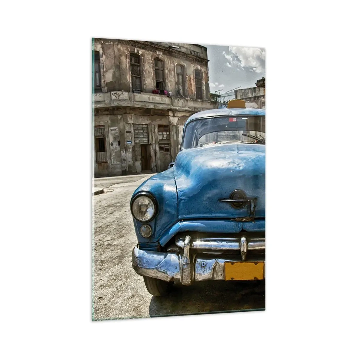 Quadro su vetro - Una vecchia macchina blu sulla strada in stile retrò - 80x120cm - Antico è bello - Decorazione murale moderna per soggiorno e camera da letto ARTTOR